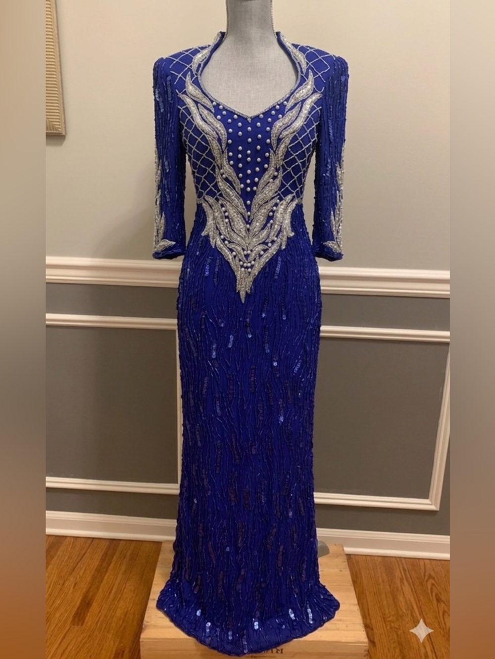Vintage Mike Benet Dress Royal Blue Silk Beaded Gown 90’s Glamour Size 8 NEW
